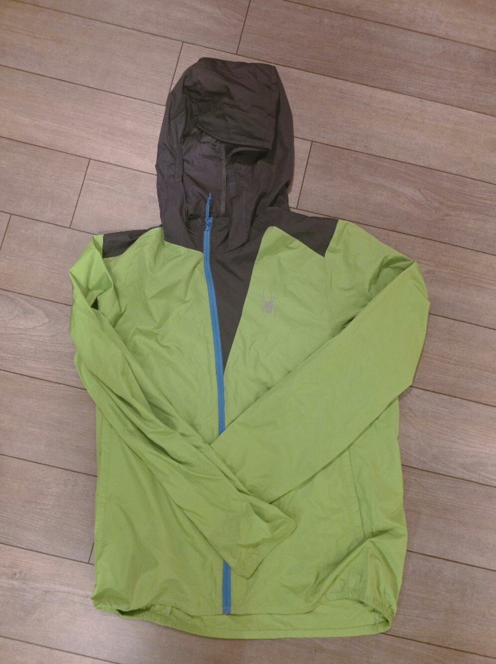 Spyder Men's Lime Green and Black Hooded Windbreaker with Blue Zipper